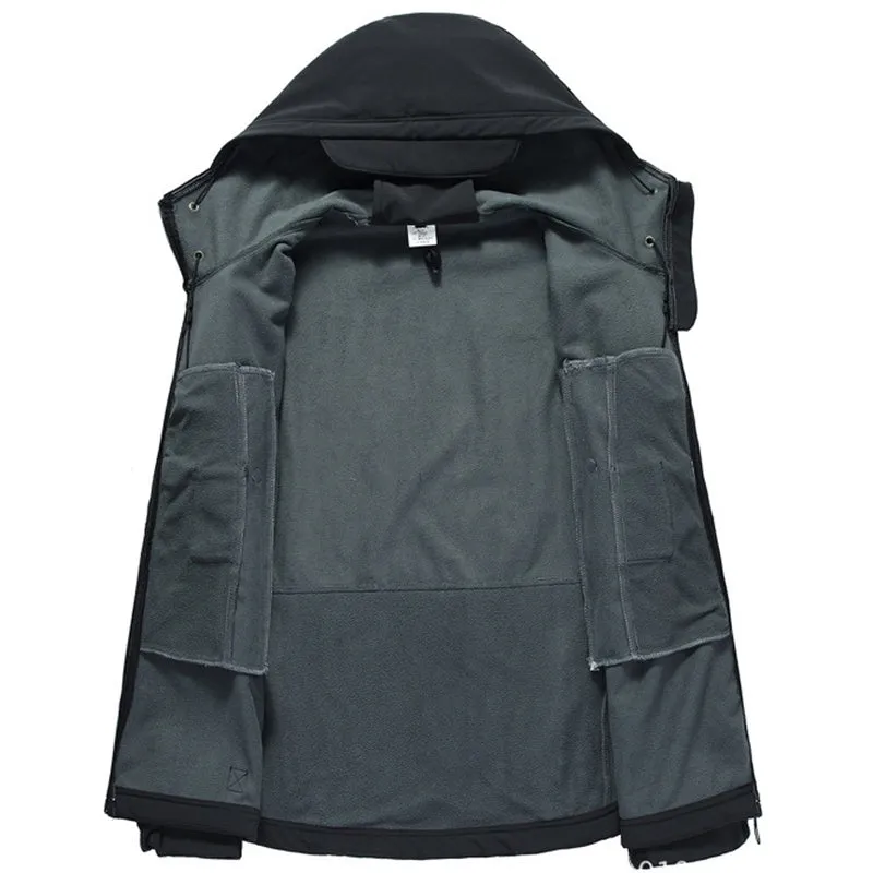 Men's windproof hooded soft shell jacket in polyester fibre, available in black, green, grey, and khaki sizes S to 4XL