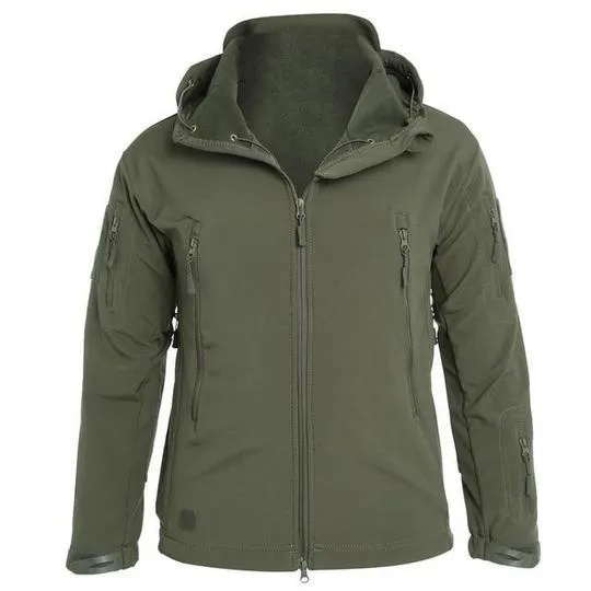 Men's windproof hooded soft shell jacket in polyester fibre, available in black, green, grey, and khaki sizes S to 4XL