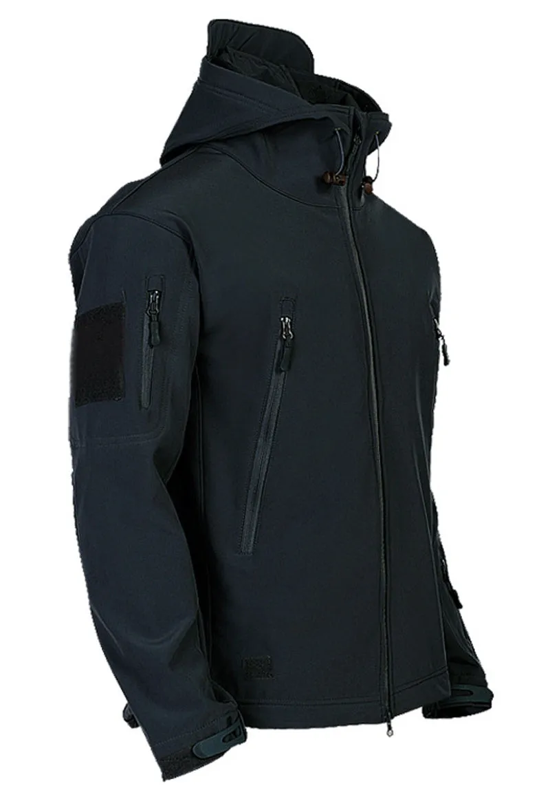 Men's windproof hooded soft shell jacket in polyester fibre, available in black, green, grey, and khaki sizes S to 4XL