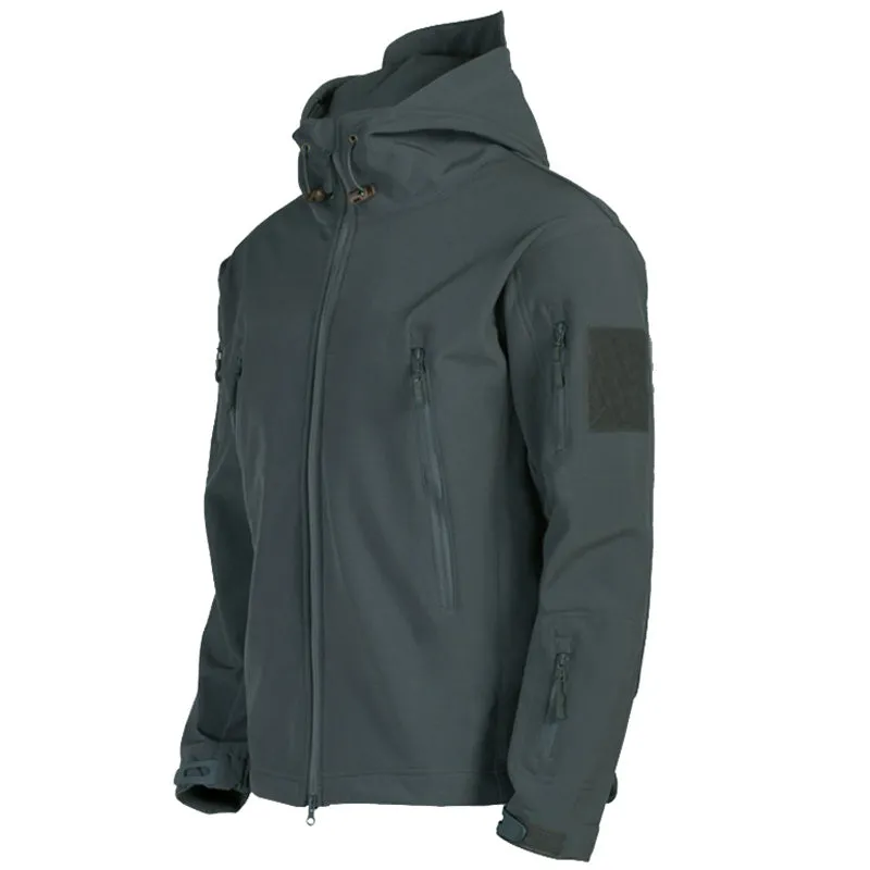 Men's windproof hooded soft shell jacket in polyester fibre, available in black, green, grey, and khaki sizes S to 4XL
