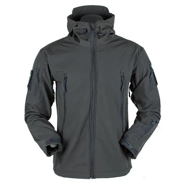 Men's windproof hooded soft shell jacket in polyester fibre, available in black, green, grey, and khaki sizes S to 4XL