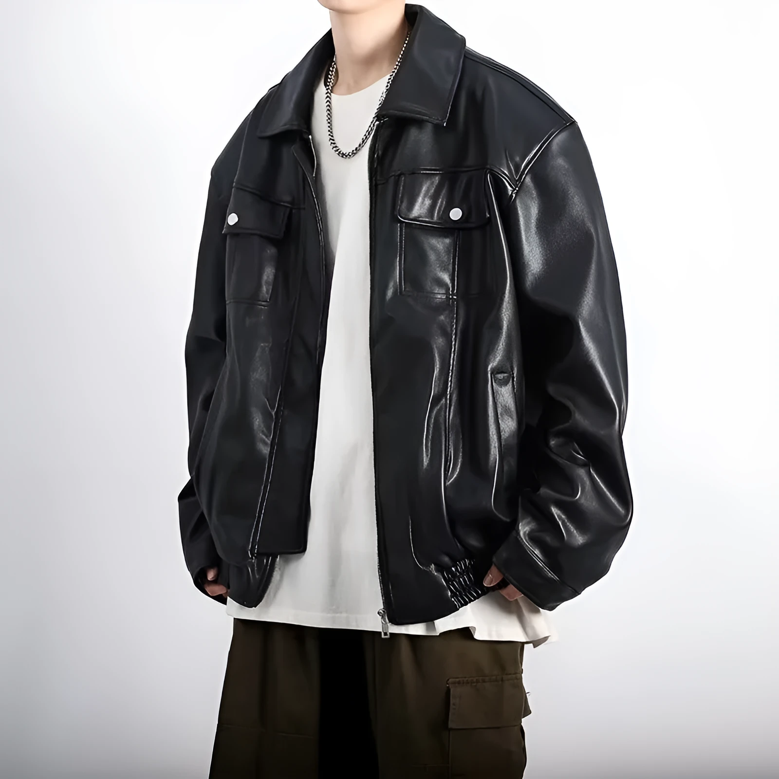 Black retro textured PU leather motorcycle jacket for men with loose fit