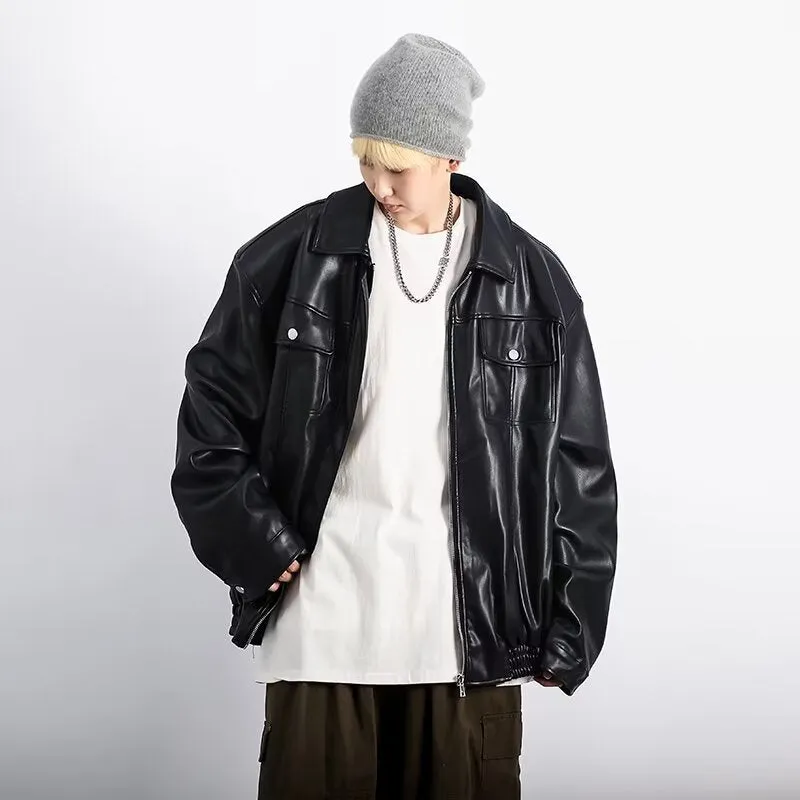 Black retro textured PU leather motorcycle jacket for men with loose fit