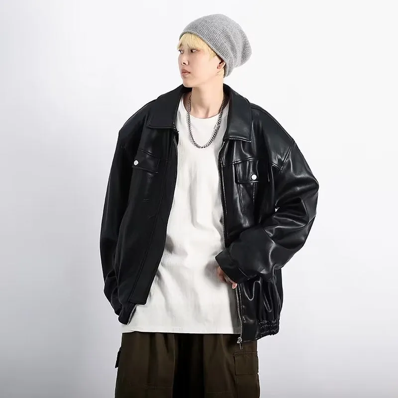 Black retro textured PU leather motorcycle jacket for men with loose fit