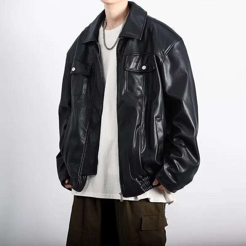 Black retro textured PU leather motorcycle jacket for men with loose fit