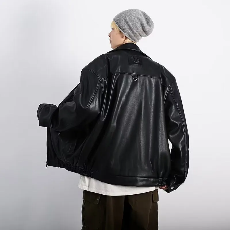 Black retro textured PU leather motorcycle jacket for men with loose fit