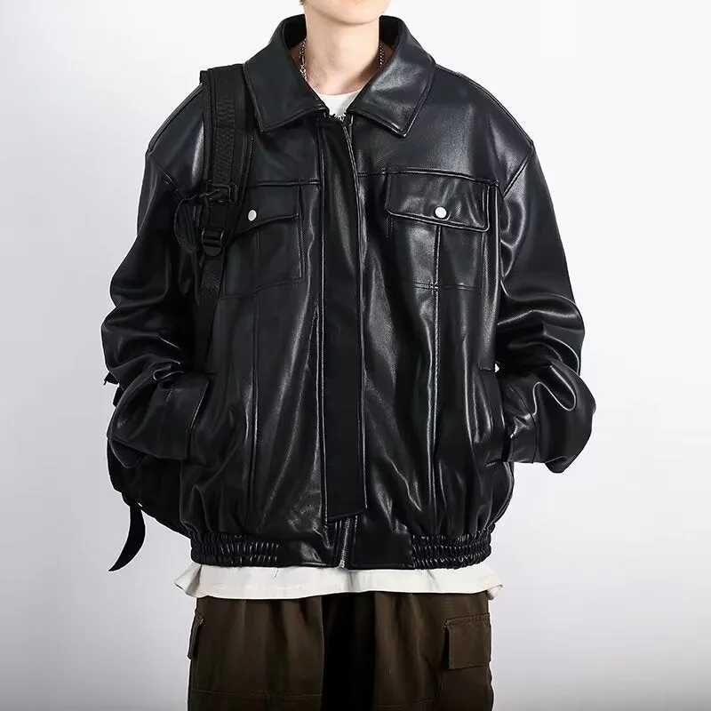 Black retro textured PU leather motorcycle jacket for men with loose fit