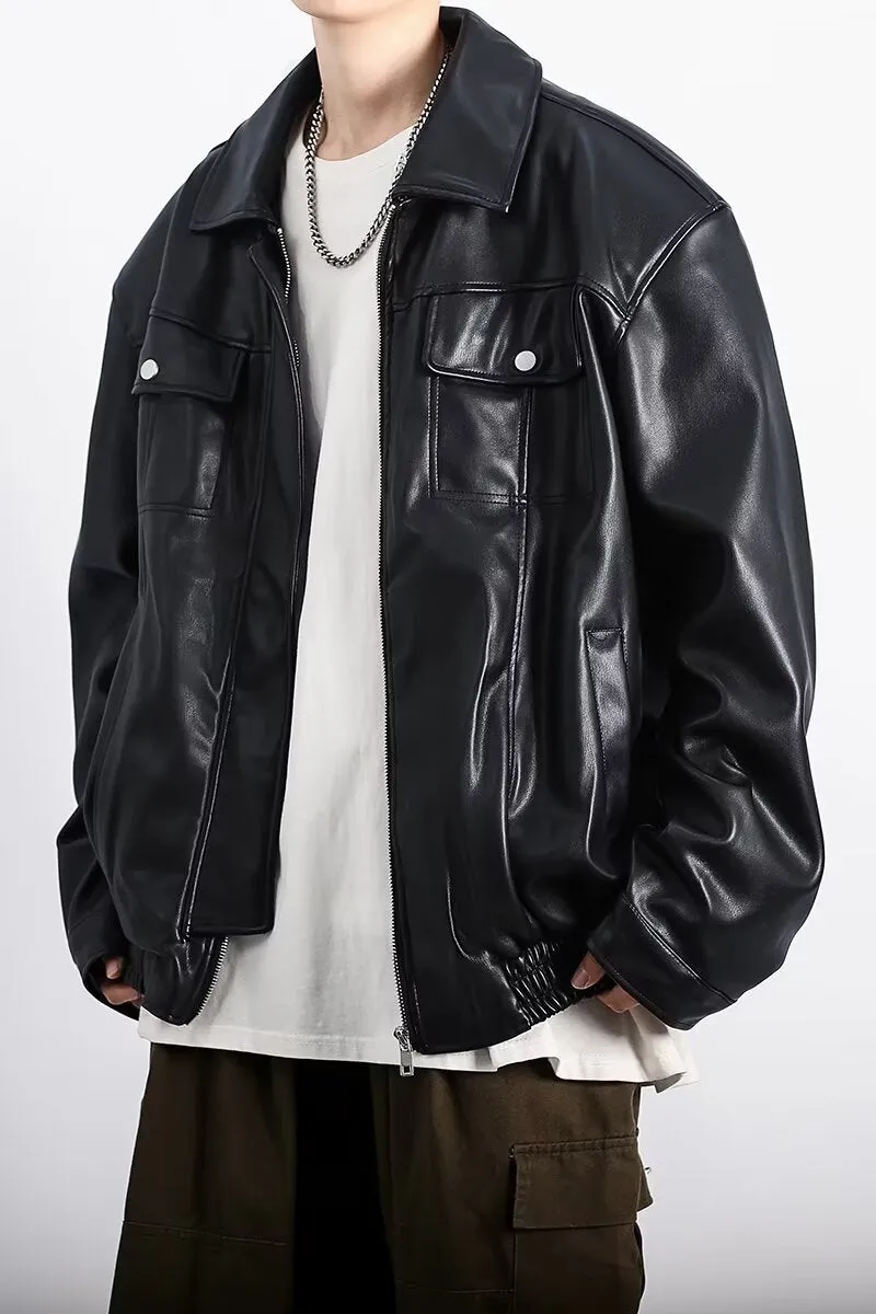 Black retro textured PU leather motorcycle jacket for men with loose fit