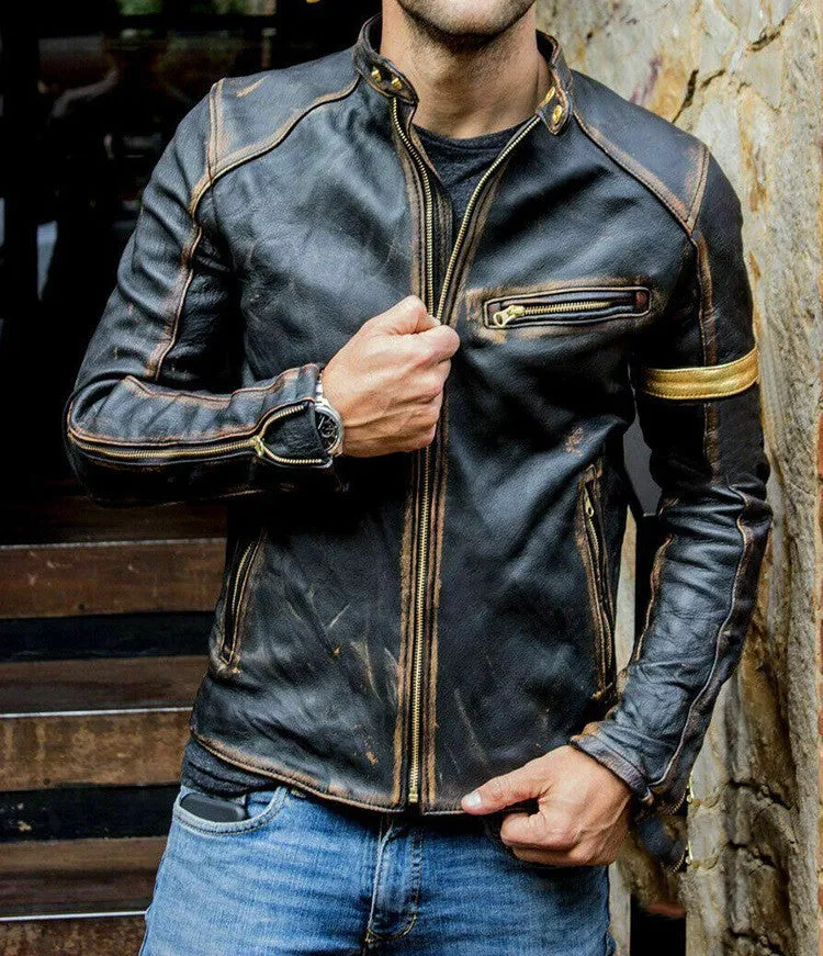 Men's punk motorcycle leather jacket with zipper front and stand collar in black artificial leather