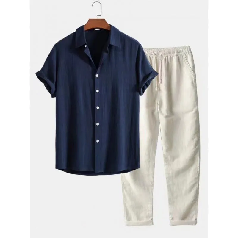 Men's loose-fit casual shirt and trousers set in a linen-look fabric, shown on a model.