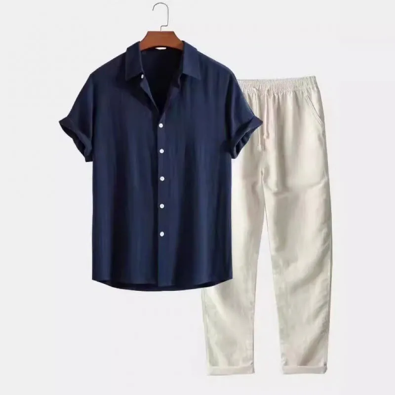 Men's loose-fit casual shirt and trousers set in a linen-look fabric, shown on a model.