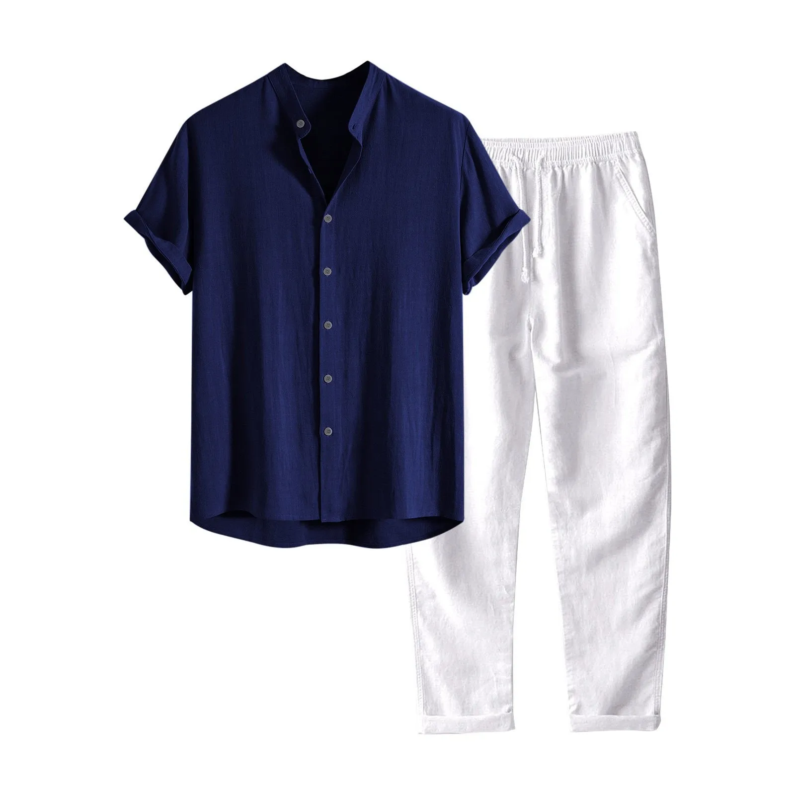 Men's loose-fit casual shirt and trousers set in a linen-look fabric, shown on a model.