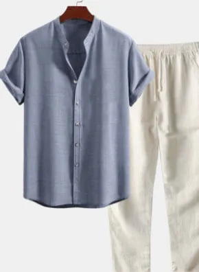 Men's loose-fit casual shirt and trousers set in a linen-look fabric, shown on a model.