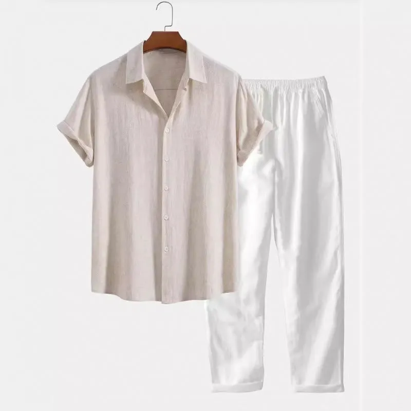 Men's loose-fit casual shirt and trousers set in a linen-look fabric, shown on a model.