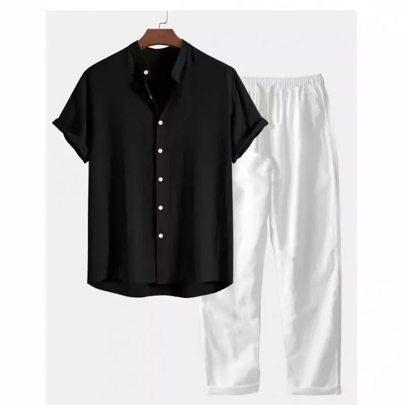 Men's loose-fit casual shirt and trousers set in a linen-look fabric, shown on a model.