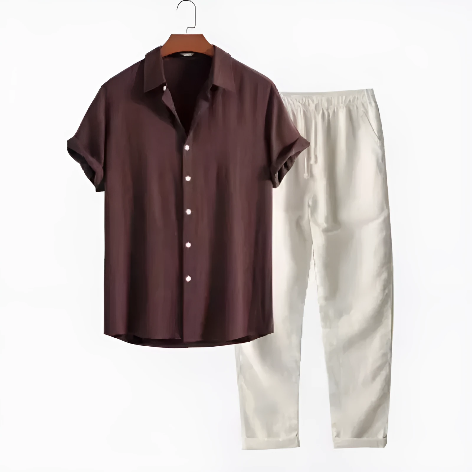 Men's loose-fit casual shirt and trousers set in a linen-look fabric, shown on a model.