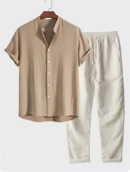 Men's loose-fit casual shirt and trousers set in a linen-look fabric, shown on a model.