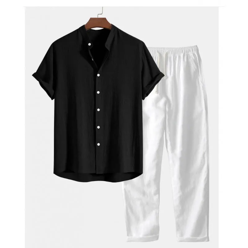 Men's loose-fit casual shirt and trousers set in a linen-look fabric, shown on a model.