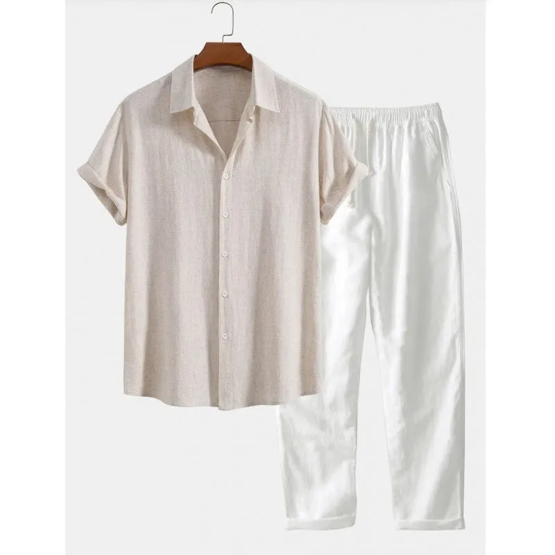 Men's loose-fit casual shirt and trousers set in a linen-look fabric, shown on a model.