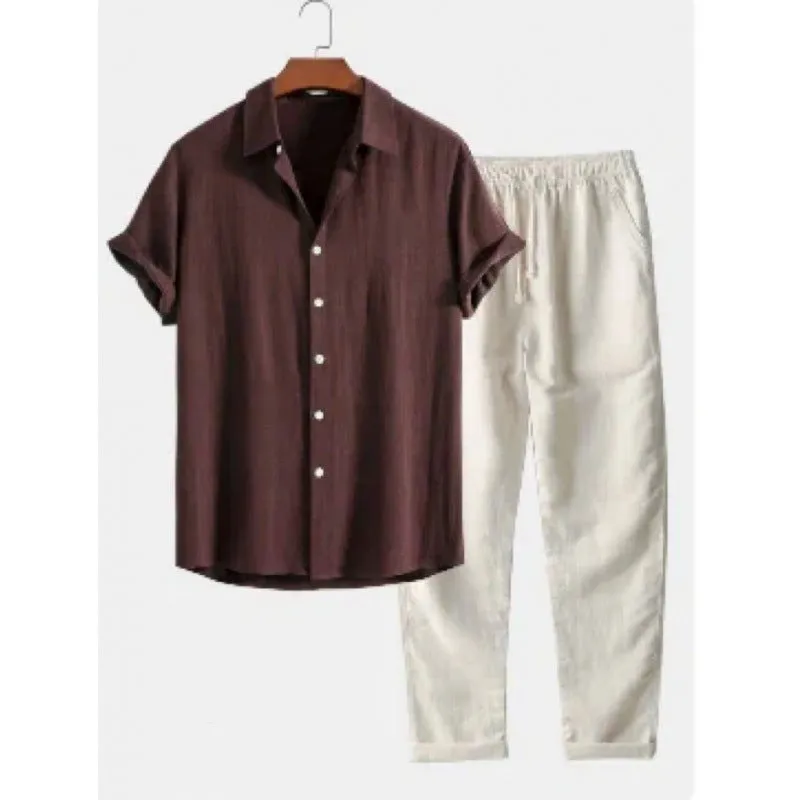 Men's loose-fit casual shirt and trousers set in a linen-look fabric, shown on a model.