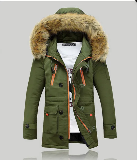 Padded hooded thickening nylon winter jacket in Army Green, plain pattern, zip front