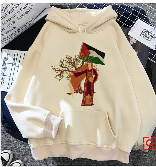Women's loose fit hoodie pullover with Palestine graphic print, side pocket, long sleeves, hood, in Khaki colour