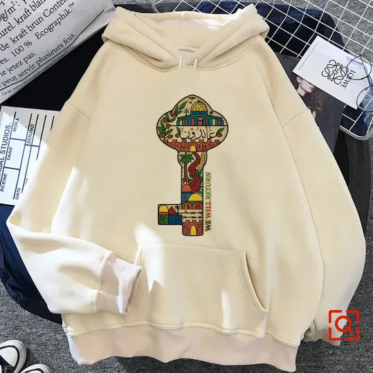 Women's loose fit hoodie pullover with Palestine graphic print, side pocket, long sleeves, hood, in Khaki colour
