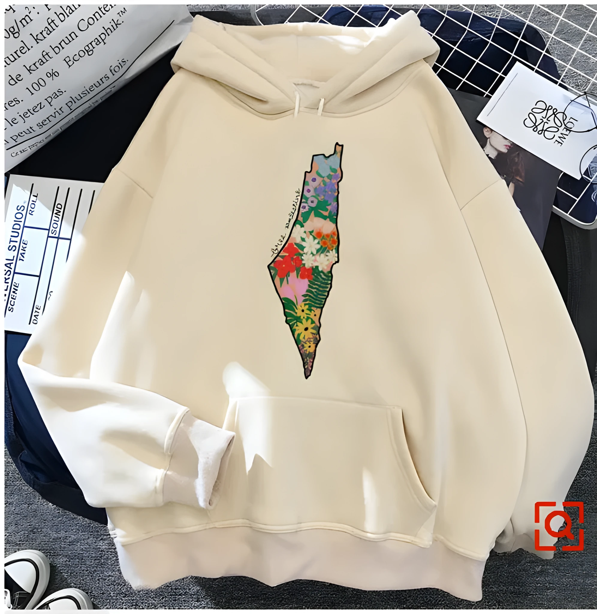 Women's loose fit hoodie pullover with Palestine graphic print, side pocket, long sleeves, hood, in Khaki colour