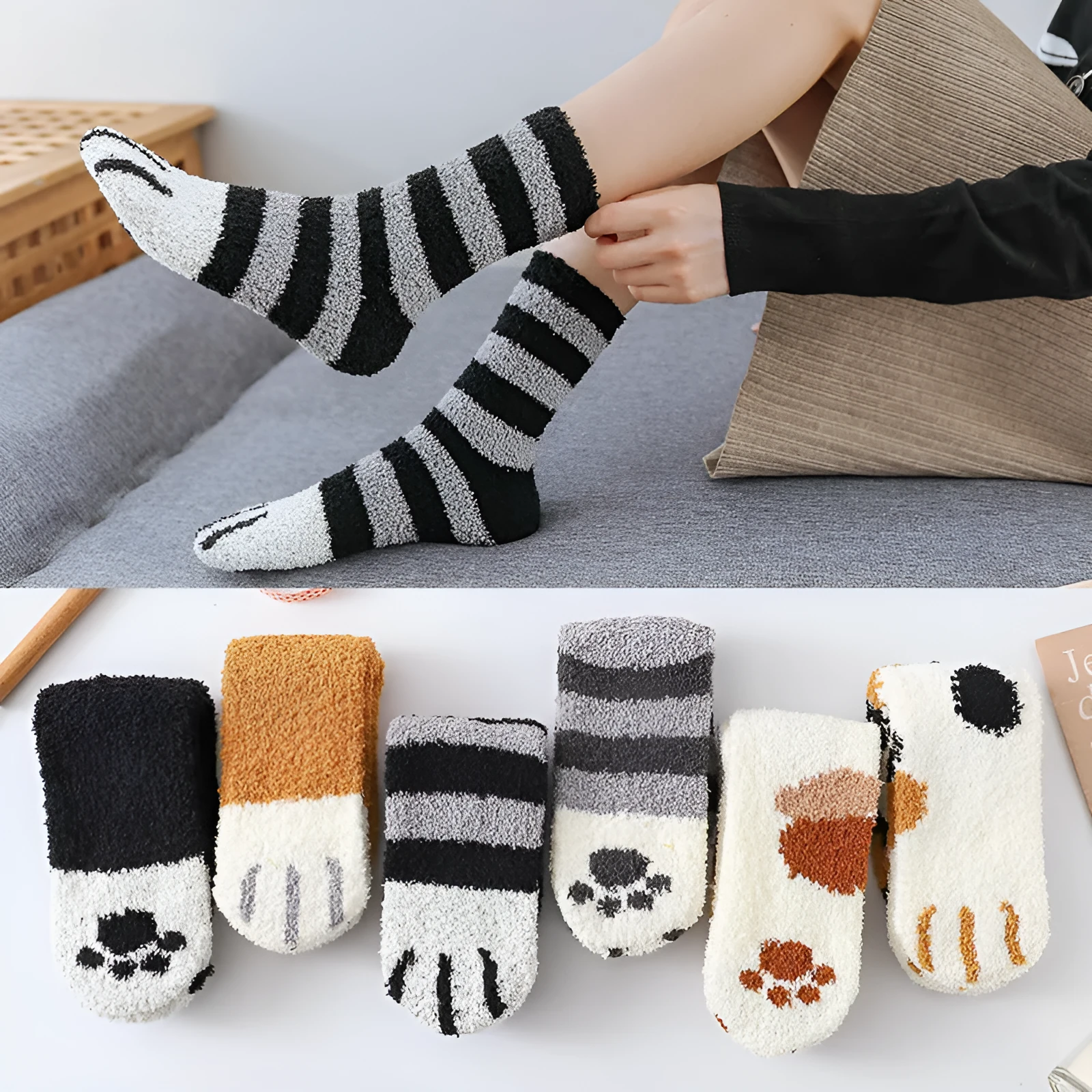 House floor socks in black, khaki, grey stripe and dot patterns for indoor use