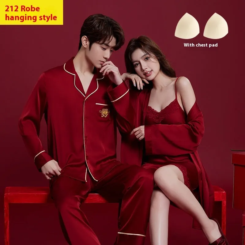 Red long-sleeved ice silk sleepwear set for a man and woman laid out flat.