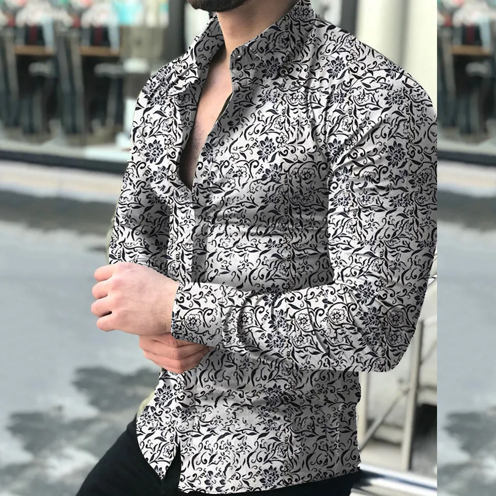 Lapel printed long-sleeved casual floral shirt in white with floral pattern, front view