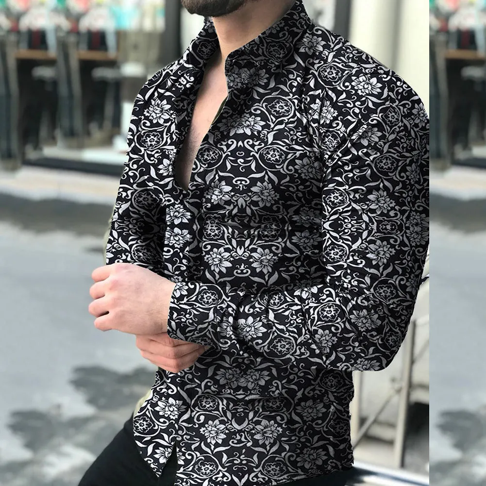 Lapel printed long-sleeved casual floral shirt in white with floral pattern, front view