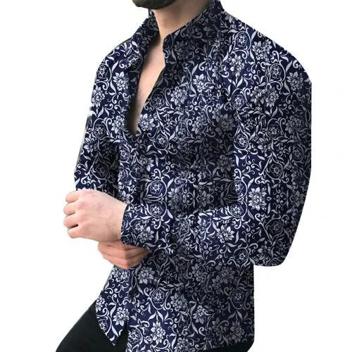 Lapel printed long-sleeved casual floral shirt in white with floral pattern, front view