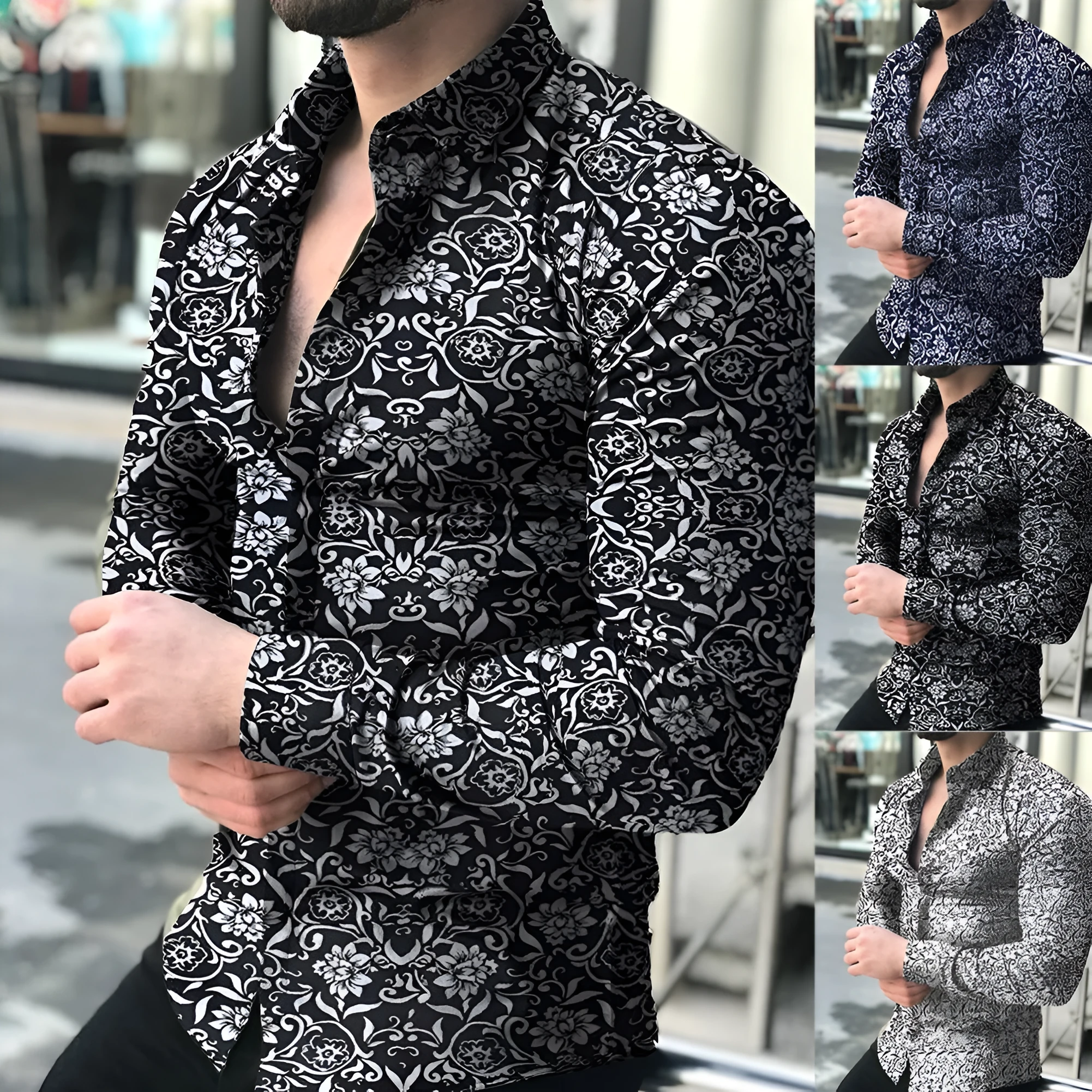 Lapel printed long-sleeved casual floral shirt in white with floral pattern, front view