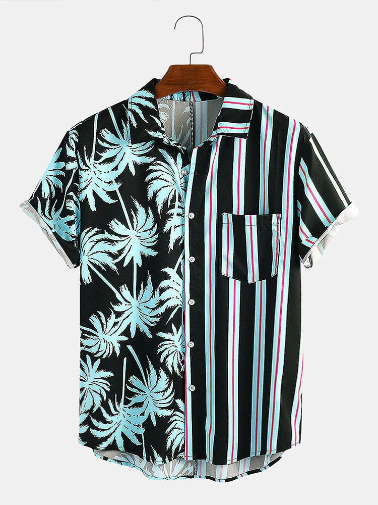 Men's short-sleeved coconut print holiday shirt with striped stitching in light green
