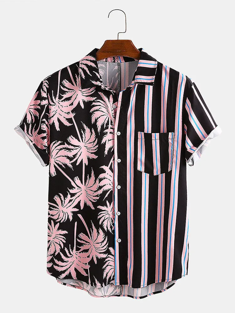 Men's short-sleeved coconut print holiday shirt with striped stitching in light green
