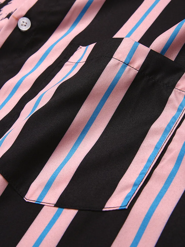 Men's short-sleeved coconut print holiday shirt with striped stitching in light green