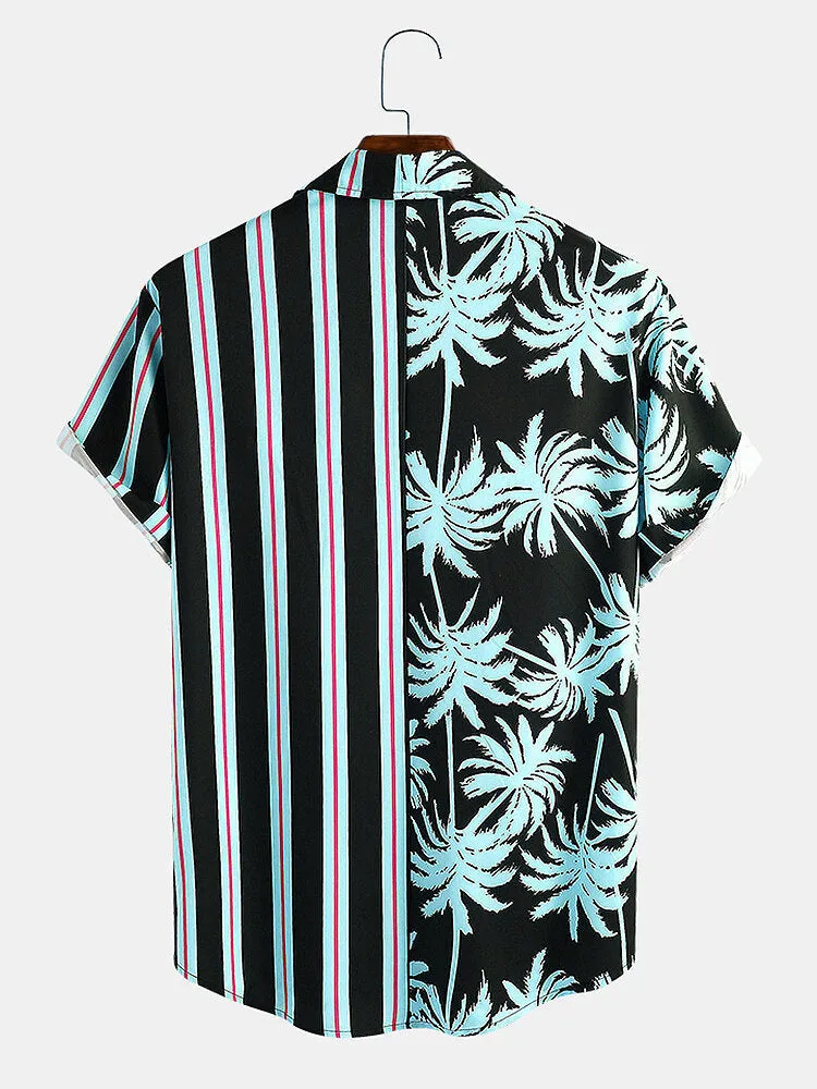 Men's short-sleeved coconut print holiday shirt with striped stitching in light green