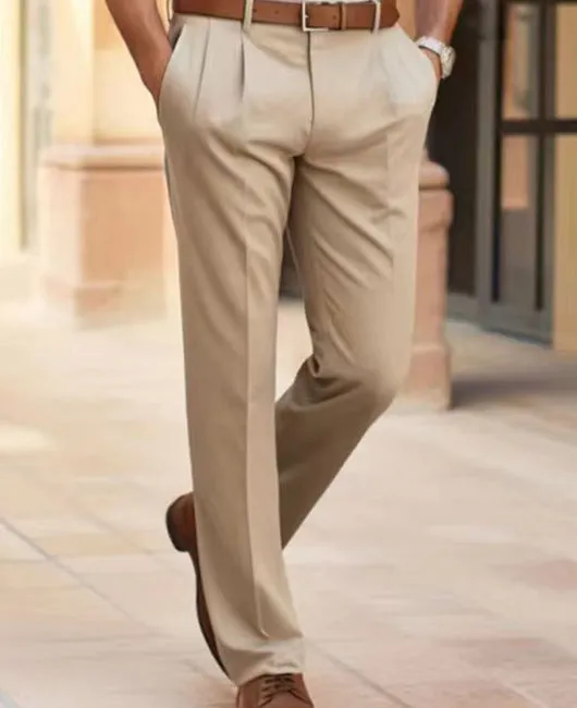 Men's casual suit pants mid waist straight polyester trousers in navy blue for office business formal wear