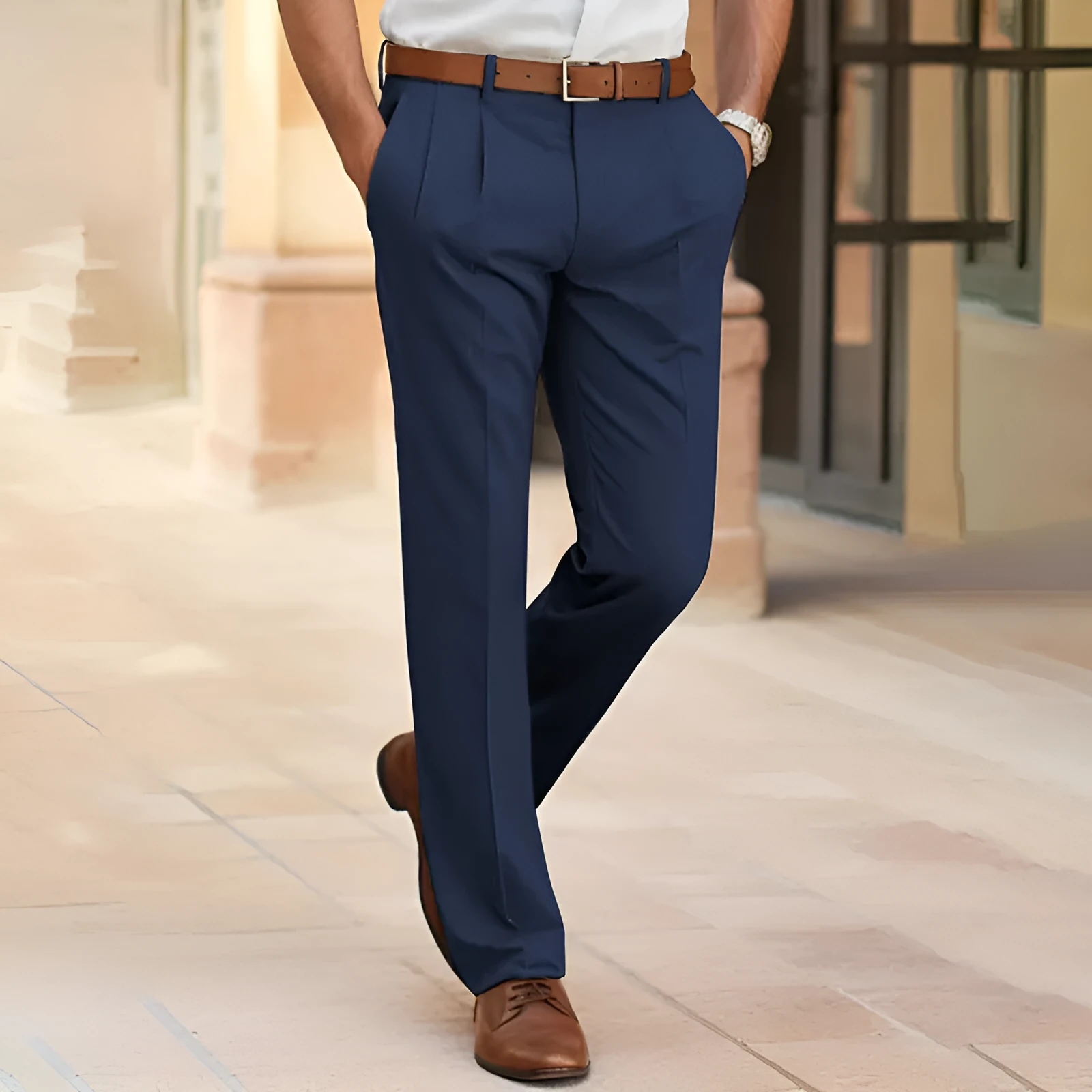 Men's casual suit pants mid waist straight polyester trousers in navy blue for office business formal wear