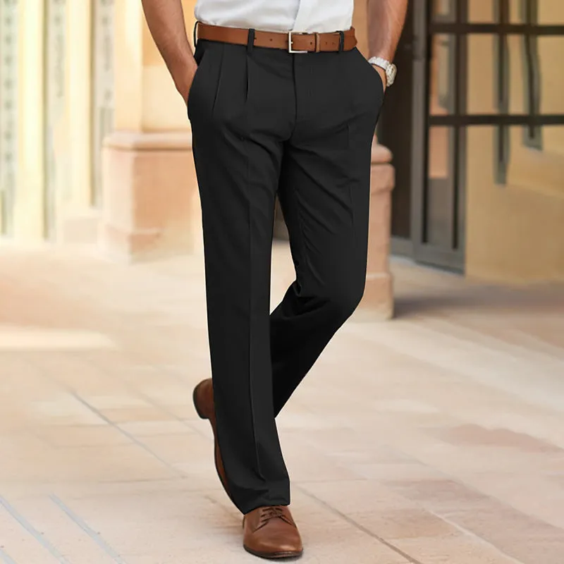 Men's casual suit pants mid waist straight polyester trousers in navy blue for office business formal wear