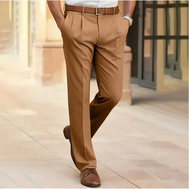 Men's casual suit pants mid waist straight polyester trousers in navy blue for office business formal wear