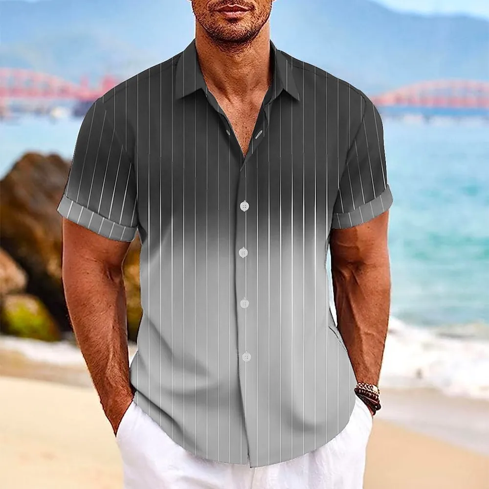Men's short-sleeved gradient striped print beach shirt with lapel buttons