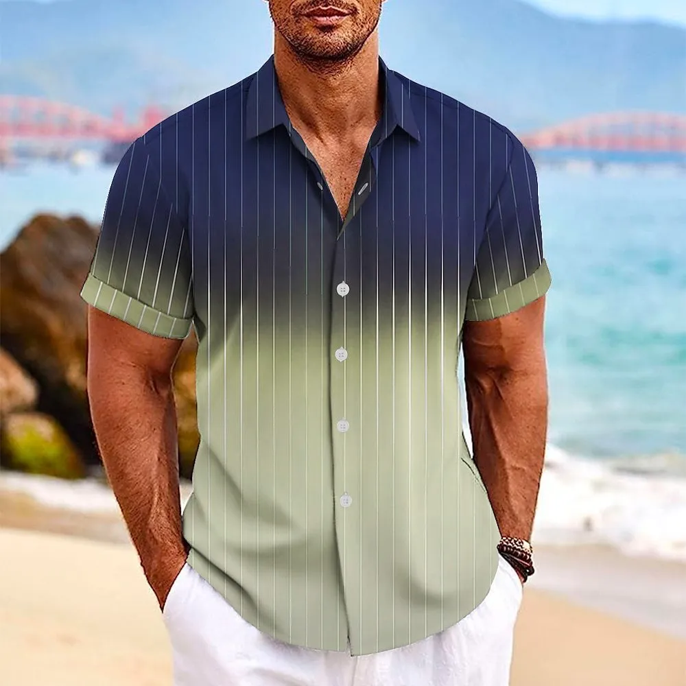 Men's short-sleeved gradient striped print beach shirt with lapel buttons