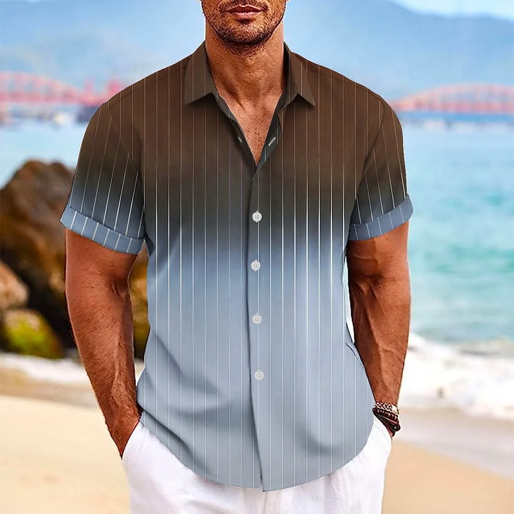 Men's short-sleeved gradient striped print beach shirt with lapel buttons