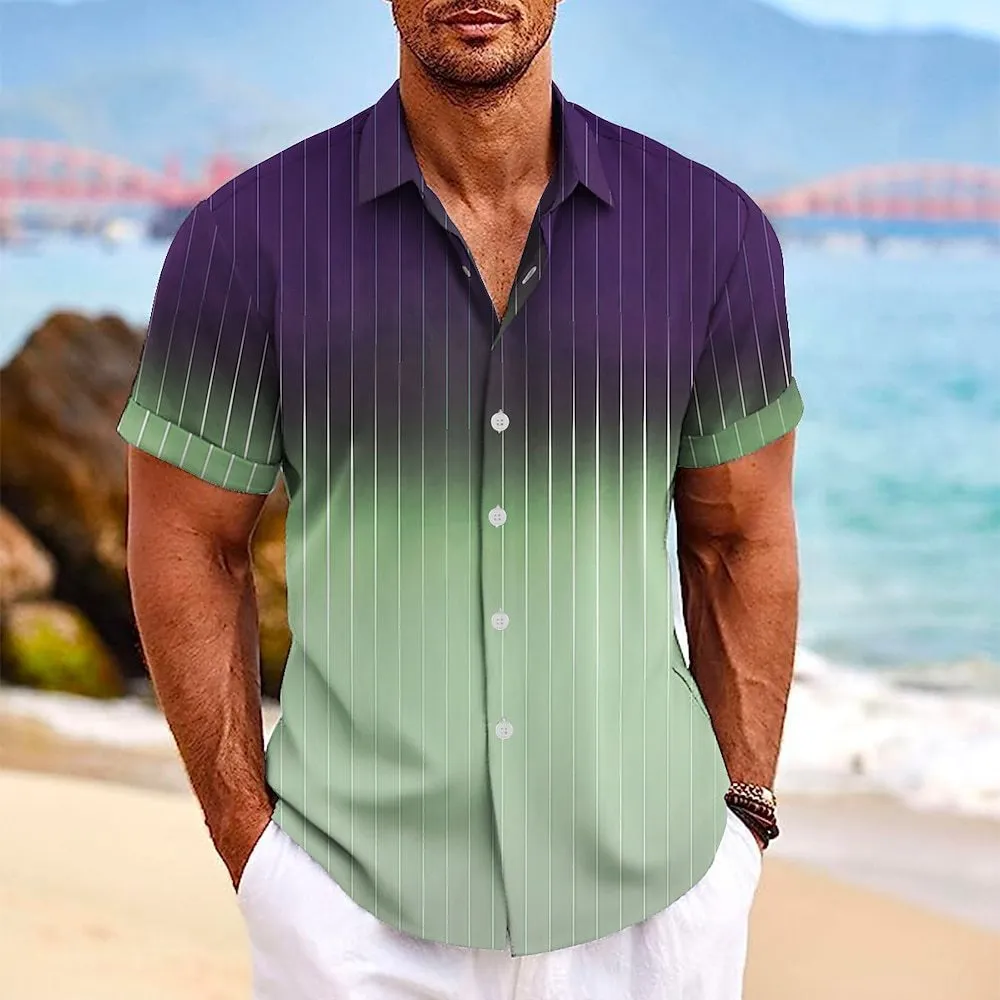Men's short-sleeved gradient striped print beach shirt with lapel buttons