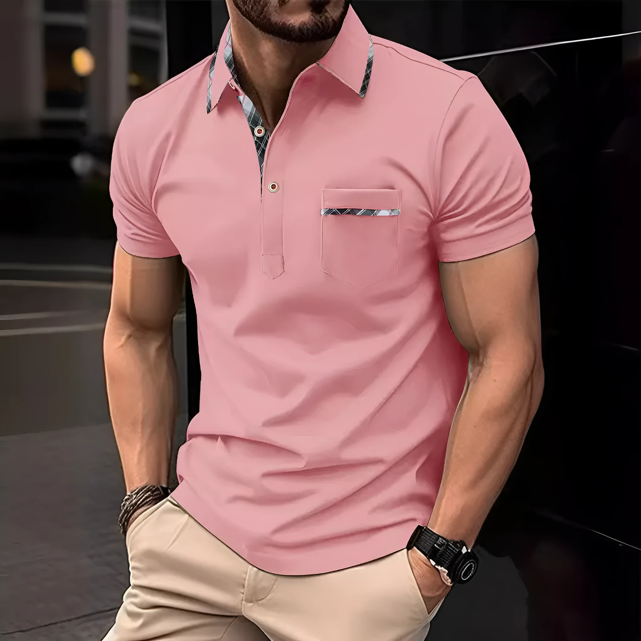 European and American lapel polo shirt with bird eye cloth fabric, asymmetric dot pattern, short sleeves, available in black