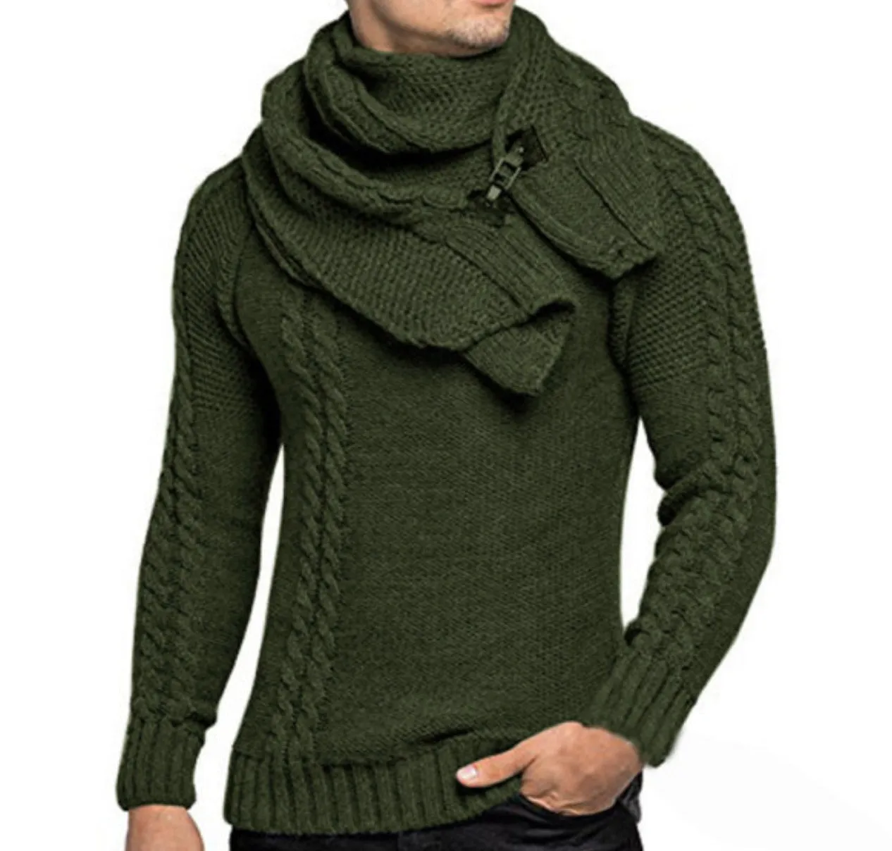 Men winter sweater slim fit pullover in green long sleeve knitwear for cold weather