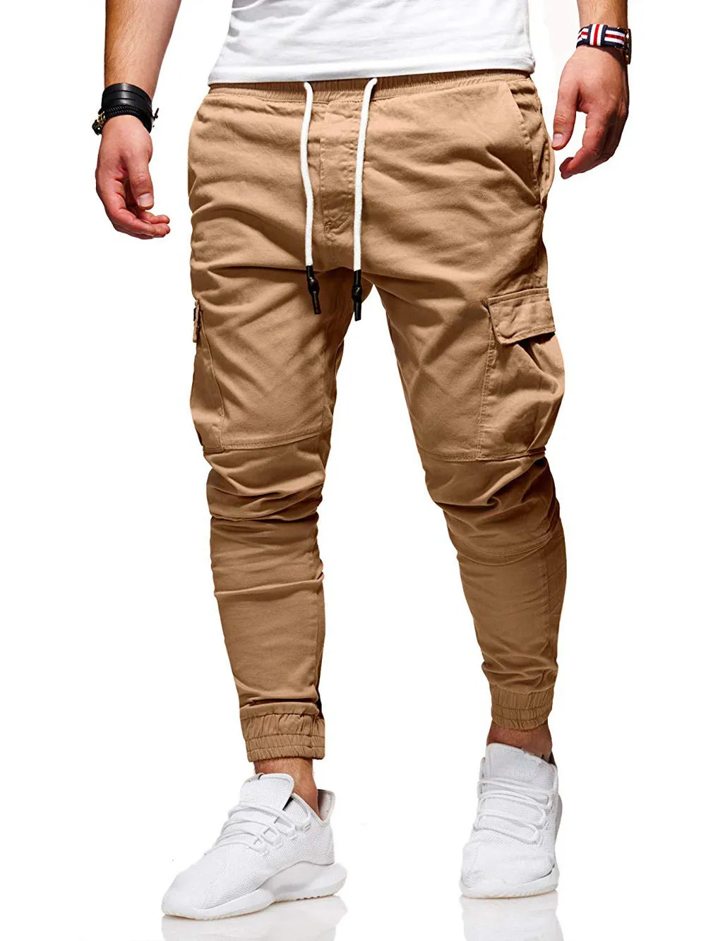 Men's autumn thin cotton casual trousers in khaki, 100% cotton fabric, side view