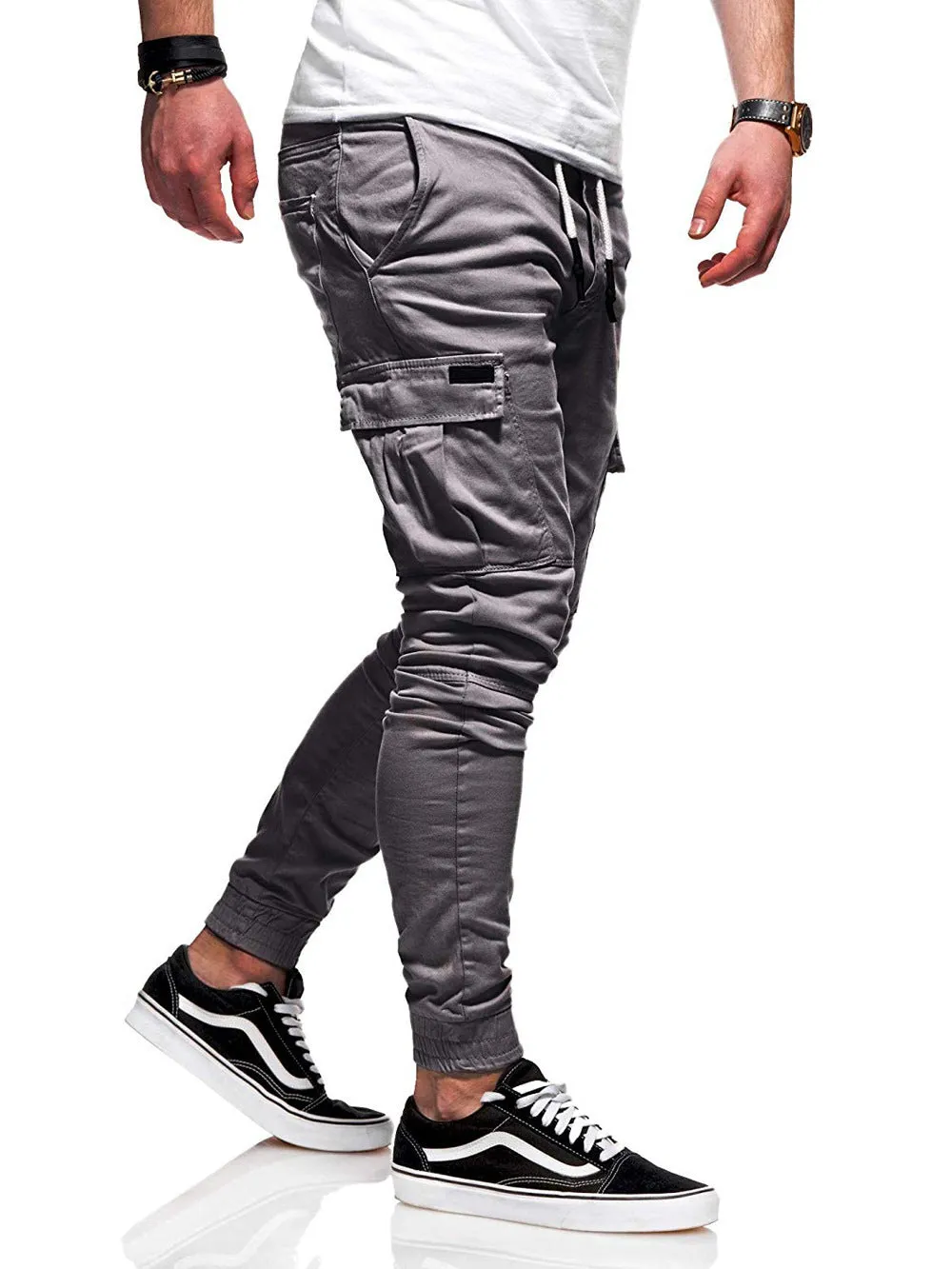 Men's autumn thin cotton casual trousers in khaki, 100% cotton fabric, side view